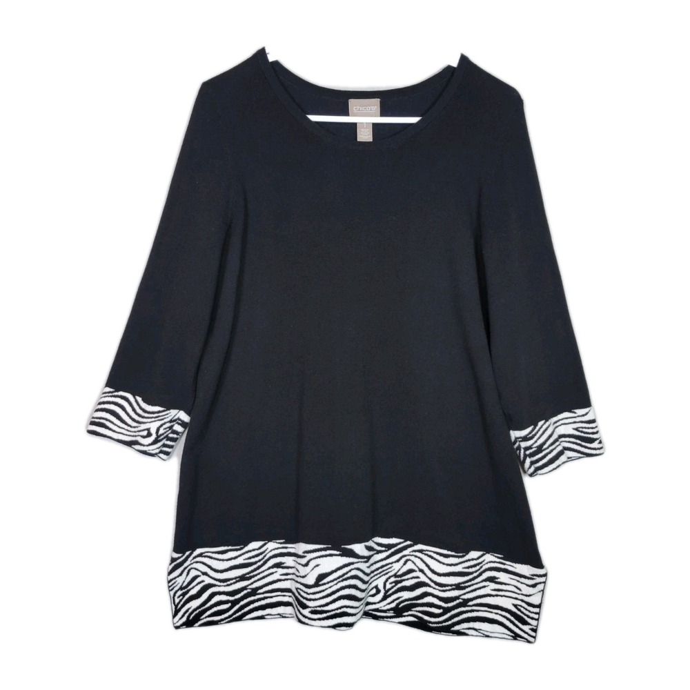Chicos Tunic Sweater Womens 1 Medium Black Zebra Relaxed Fit 3/4 Sleeve